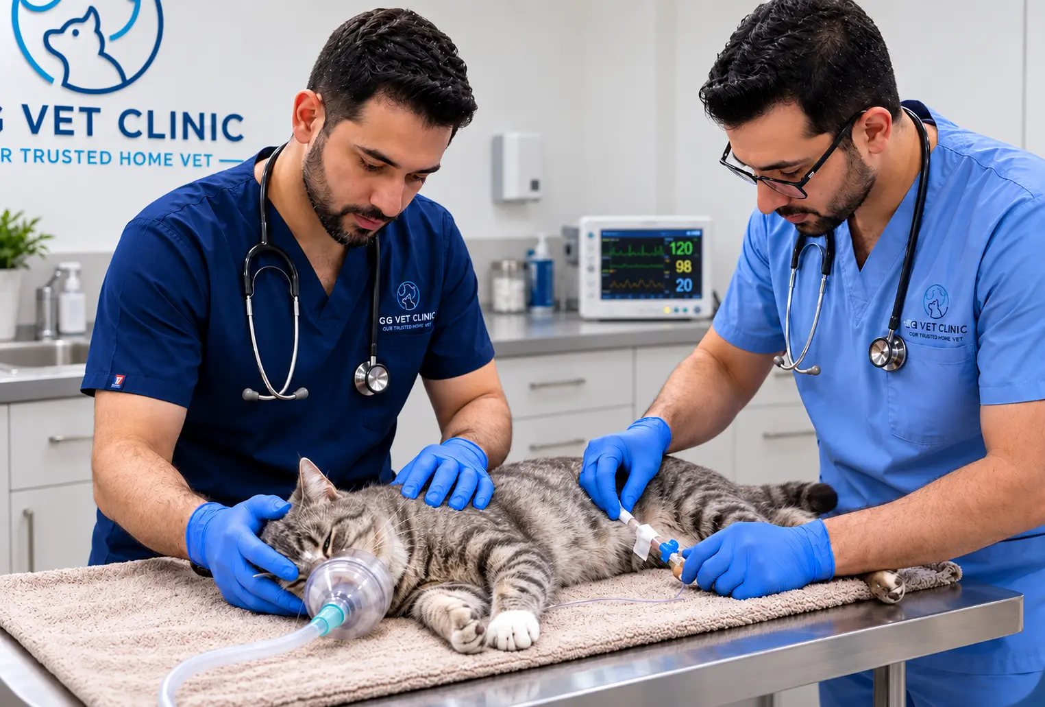 Two veterinary professionals caring for a cat at Hub Vet Clinic